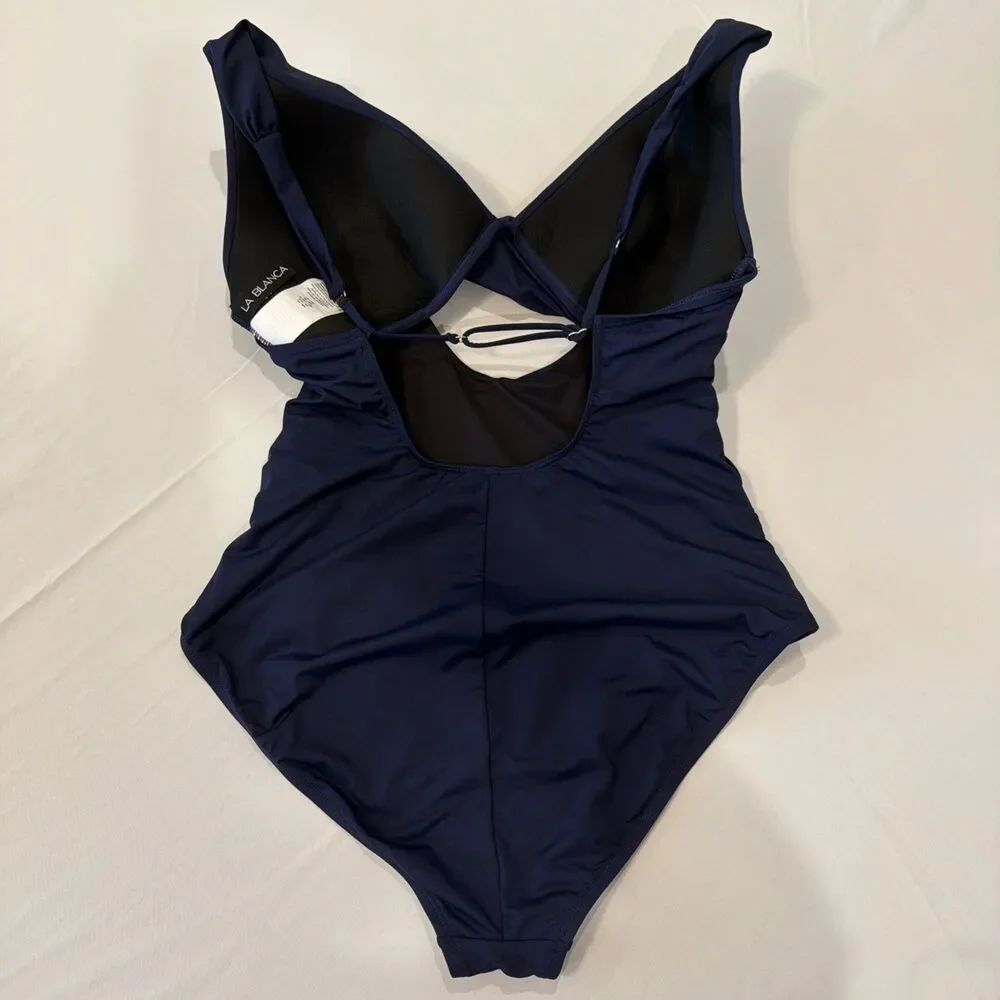 La Blanca Sz 14 Island Goddess Swimsuit Blue Navy Cross Front Keyhole One Piece